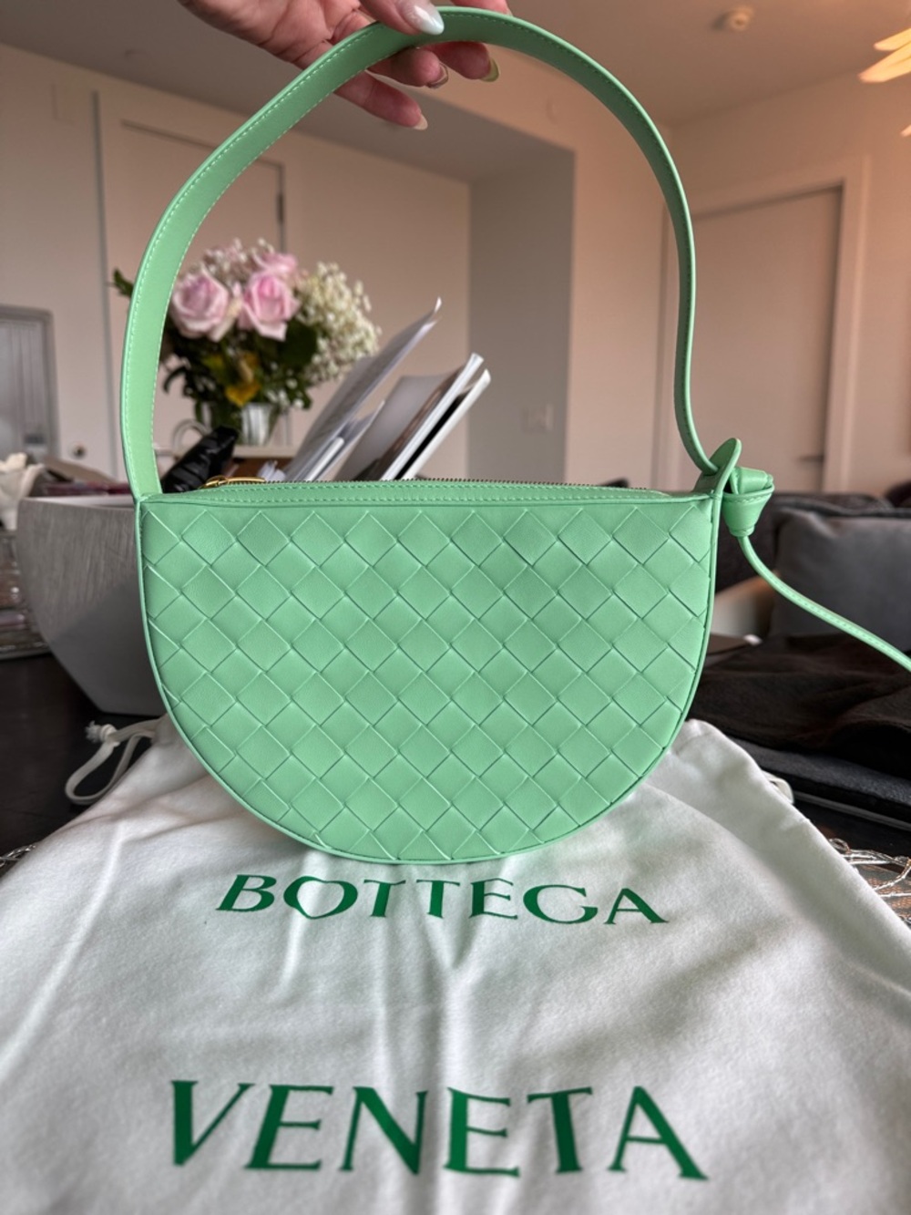 Bottega Veneta Mint Green Intrecciato Half-Moon Shoulder Bag